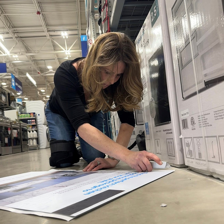 a woman merchandising representative prepares a sign for display