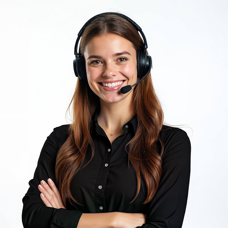 Support Center representative wearing over-ear headphones and a black button-up shirt, standing with arms crossed against a white background.