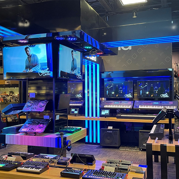 a modern retail floor display featuring a specific brand